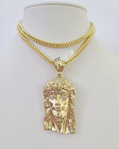 10K Franco Chain Jesus Head Pendant Charm Necklace 20"-28" 4mm Gold Yellow SET