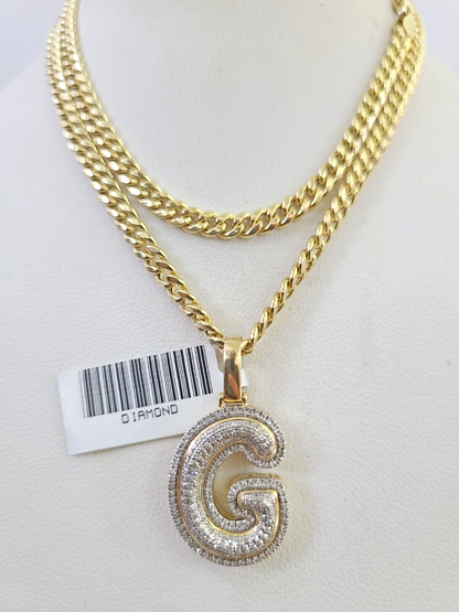 10k Miami Cuban Chain Diamond G Initial Charm Set 4mm 18"-28" Necklace Gold