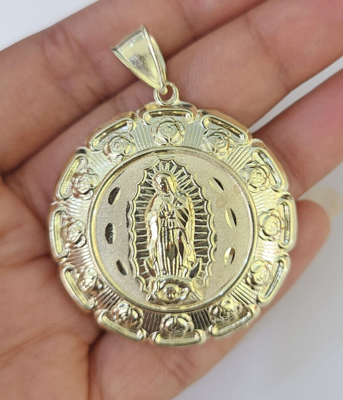 Real 10K Nugget Medallion Guadalupe Pendent Charm 10kt yellow Gold 2" Religious