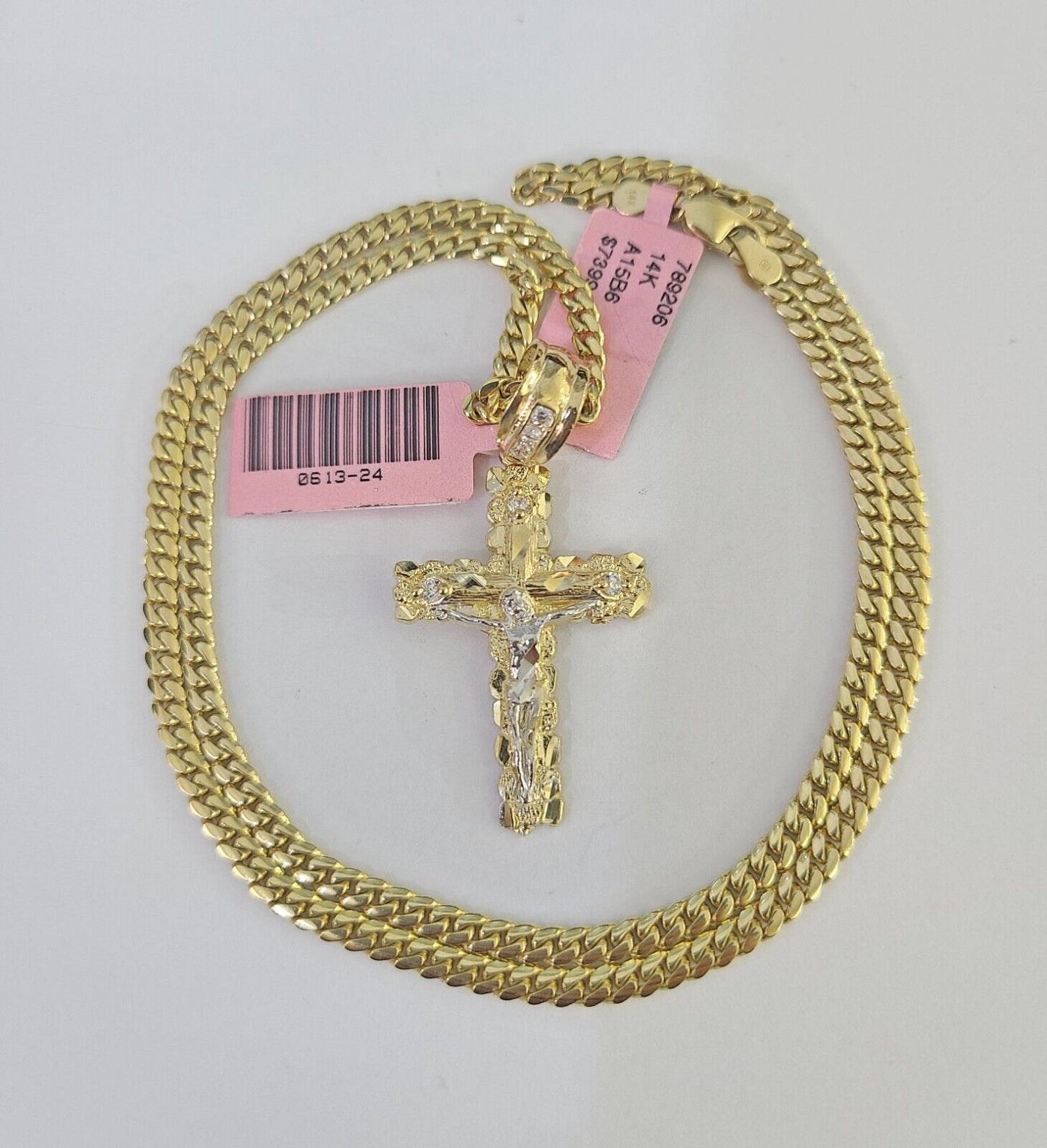 Real 14k Solid Chain Cross Charm Set Miami Cuban Link 3mm Necklace Pendant Gold