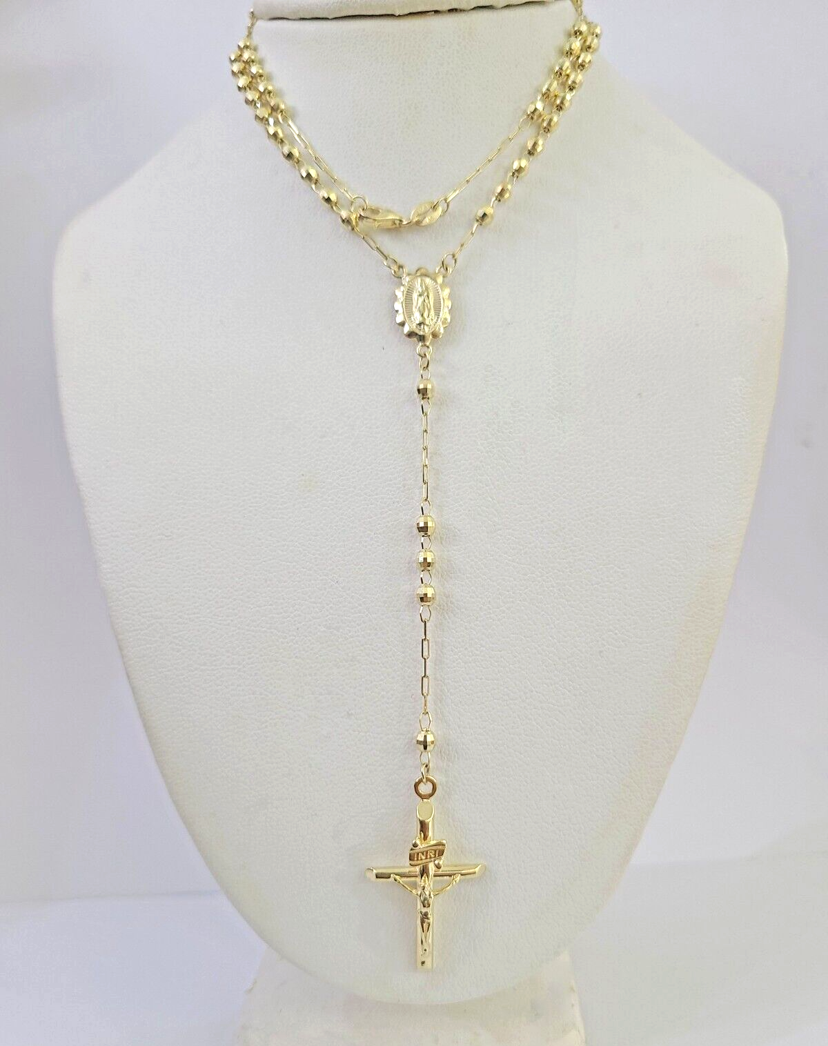 Real 14k Gold Rosary Necklace INRI Jesus Cross Women 22" Diamond Cut Solid