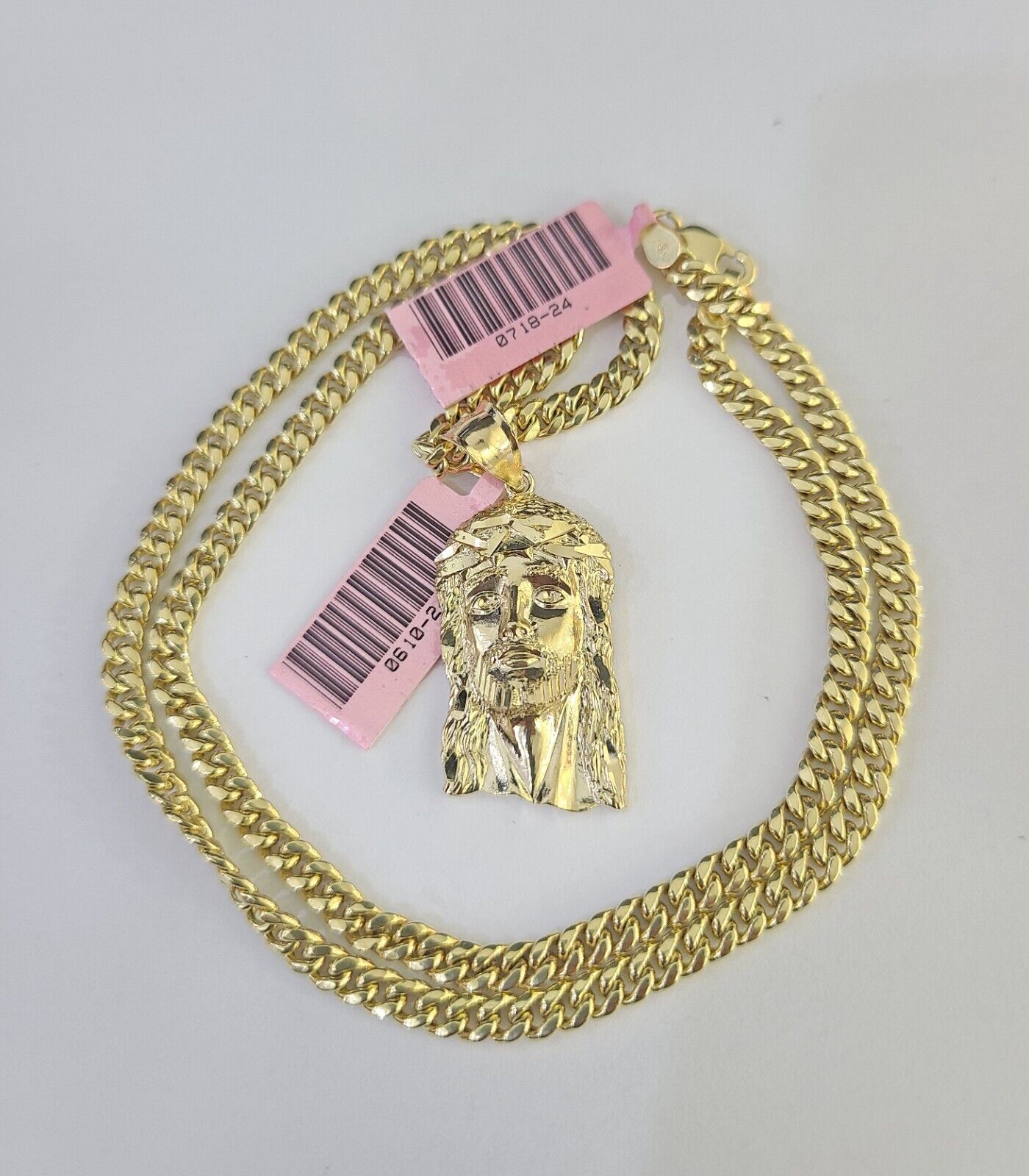 Real 14k Chain Jesus Head Charm Set Miami Cuban Link 4mm Necklace Pendant