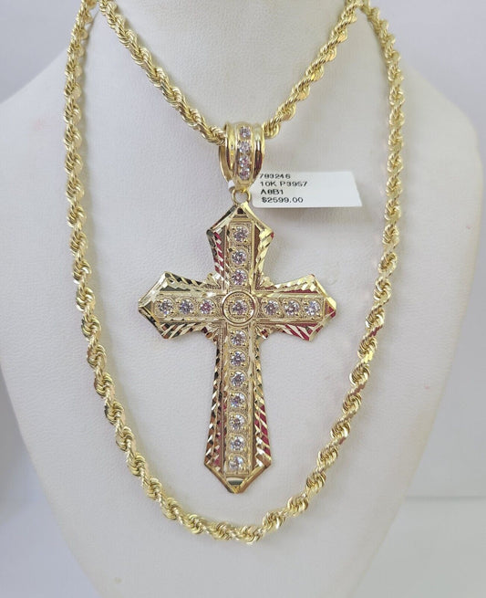 10k Solid Rope Chain Jesus Cross Charm Set 4mm 20"-28" Necklace Gold Yellow