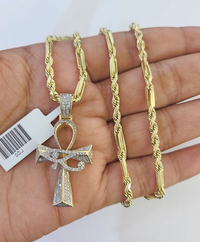 10k Milano Rope Chain Diamond Evil Eye Cross Charm Necklace SET 3mm 18"-24"