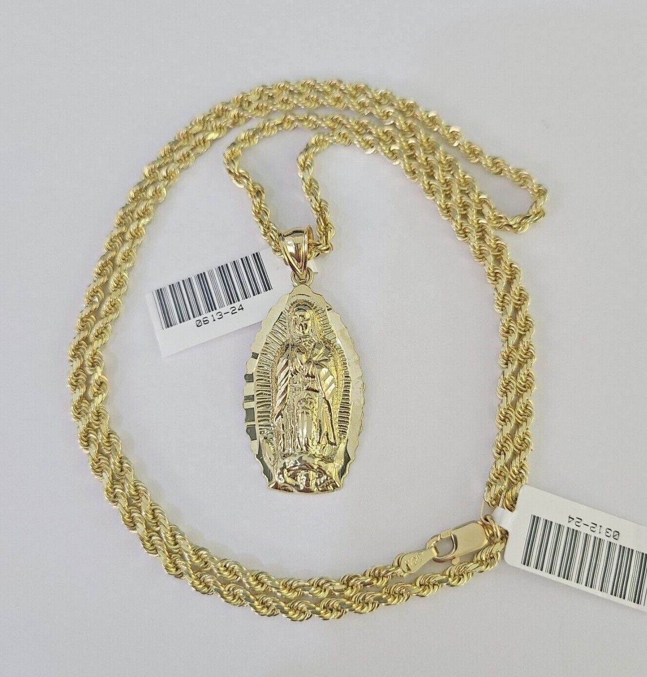 10k Solid Rope Chain 3mm Virgin Mary Pendant Charm Necklace SET 18-28 in