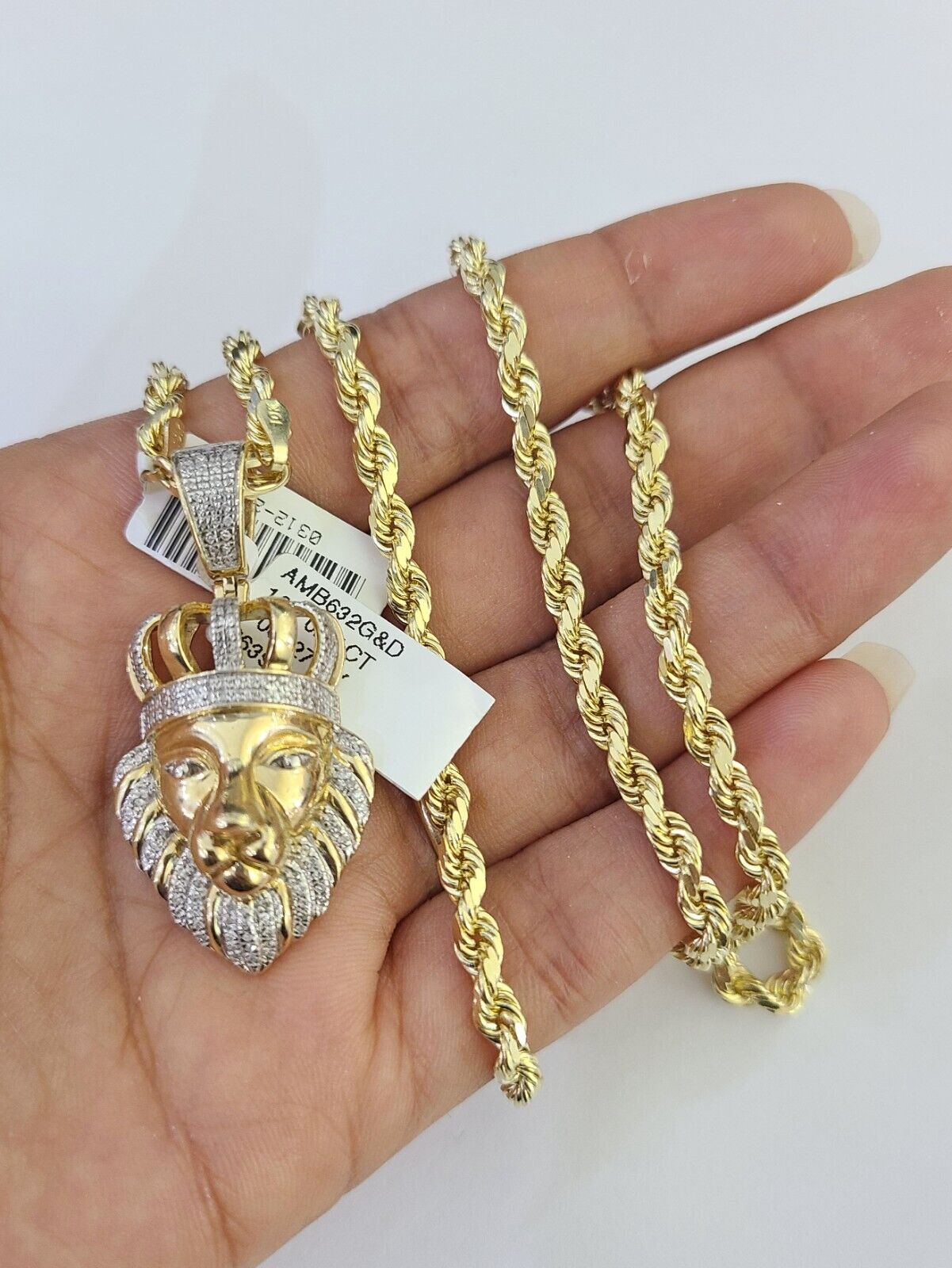 10k Solid Rope Chain Lion Charm Diamond Set 4mm 20"-28" Necklace Gold Yellow