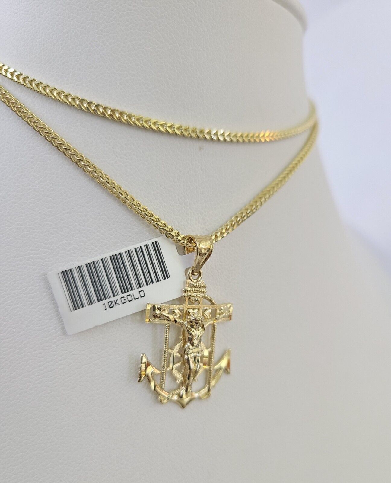 10K Franco Chain Jesus Anchor Pendant Charm Necklace 16"-24" 2mm Yellow Gold SET