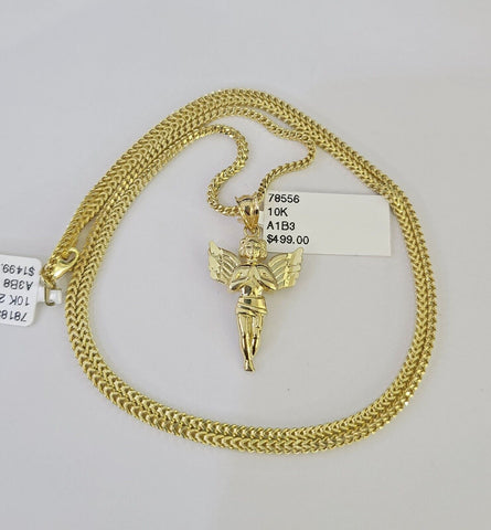 10K Franco Chain Praying Angel Pendant Charm Necklace 16"-24" 2mm Gold SET