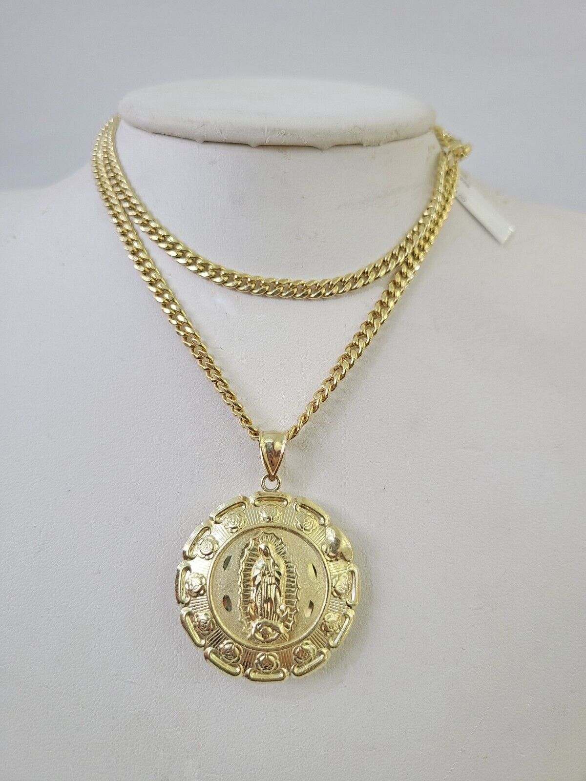 10k Cuban Chain Jesus Virgin Mary Charm Two-Sided Set 4mm 18"-28" Necklace Gold