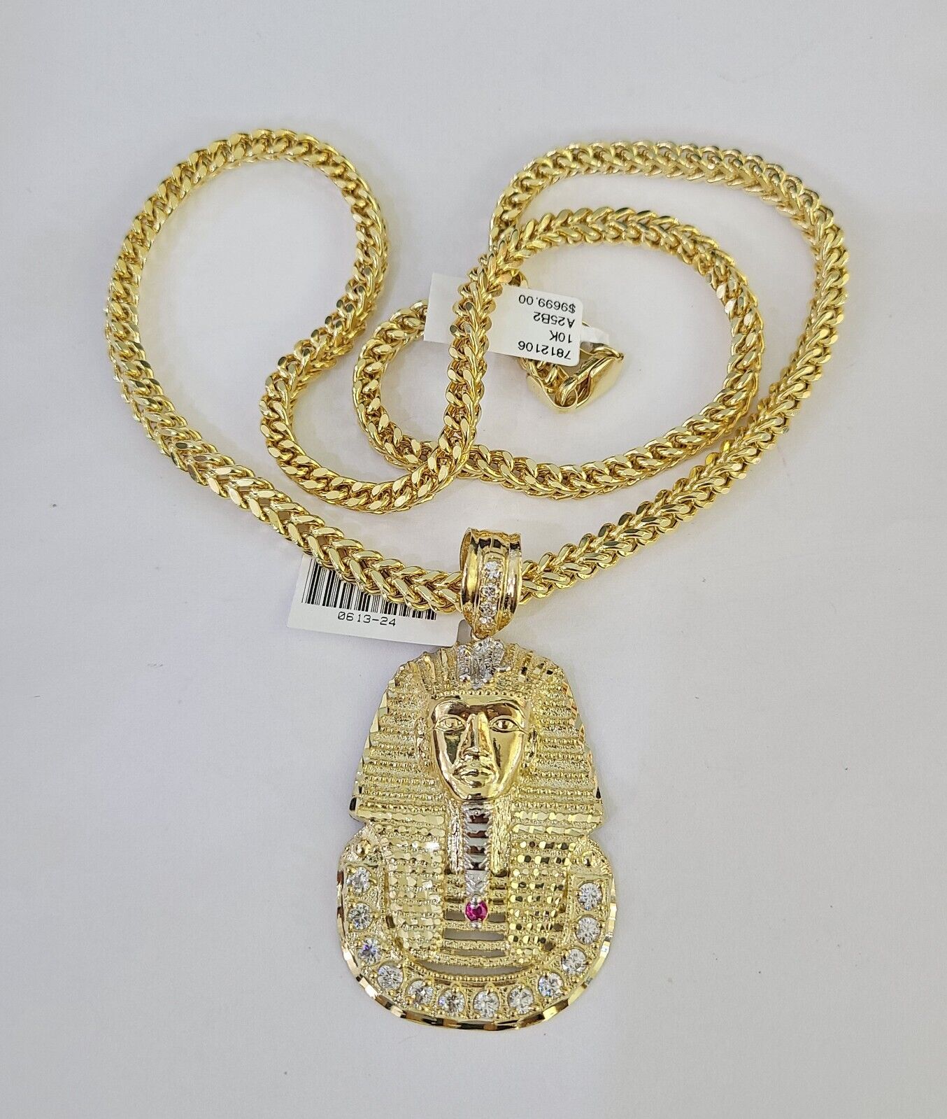 10K Franco Chain Pharaoh Pendant Charm Necklace 20"-26" 5mm Yellow Gold SET