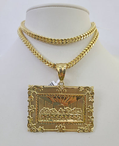 10K Franco Chain Last Supper Pendant Charm Necklace 20"-26" 5mm Yellow Gold SET