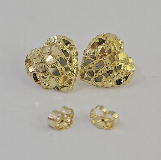 10k Gold Nugget Heart Earrings With Push Back Real 10kt Gold Studs Unisex