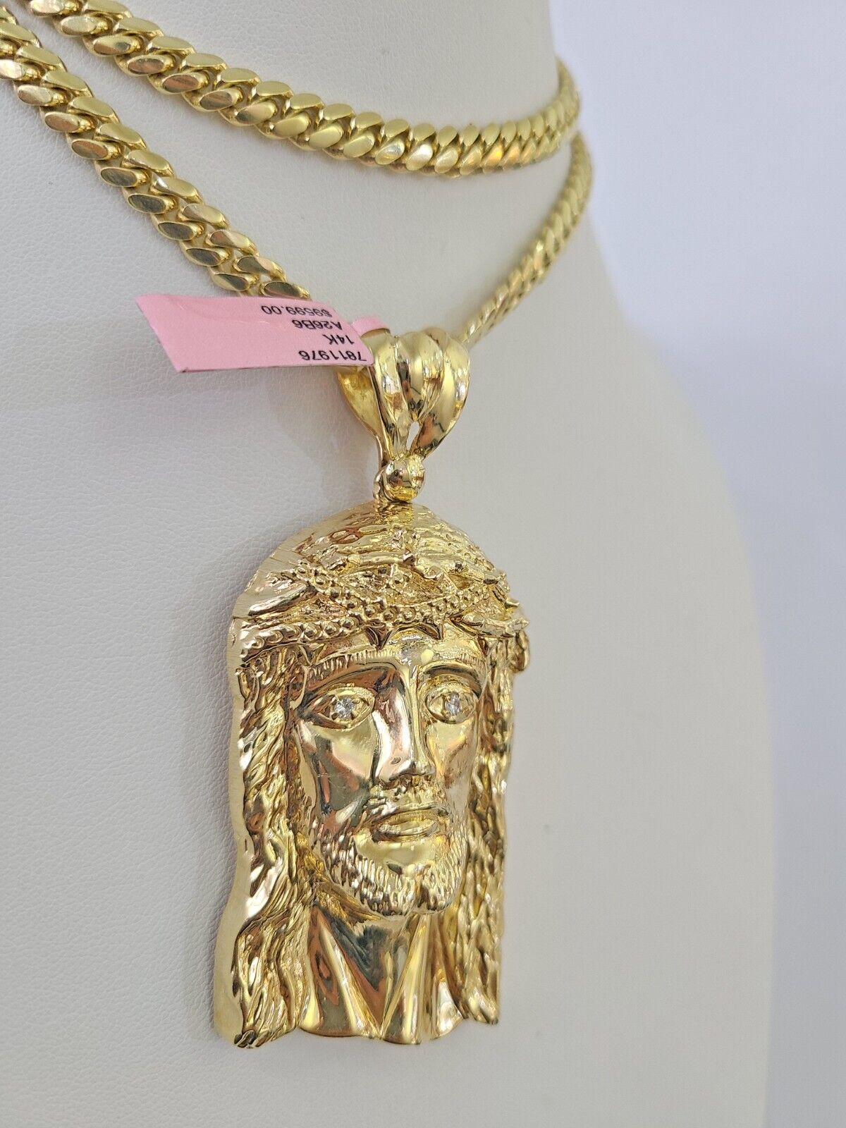 Real 14k Solid Chain Jesus Head Charm Set Miami Cuban 6mm Necklace Pendant Gold