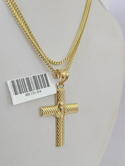 10K Franco Chain Jesus Cross Pendant Charm Necklace 16"-24" 2mm Gold SET Yellow