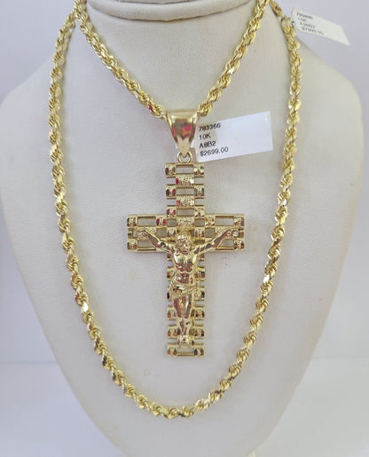 10k Solid Rope Chain Jesus Cross Charm Set 4mm 20"-28" Necklace Gold Yellow