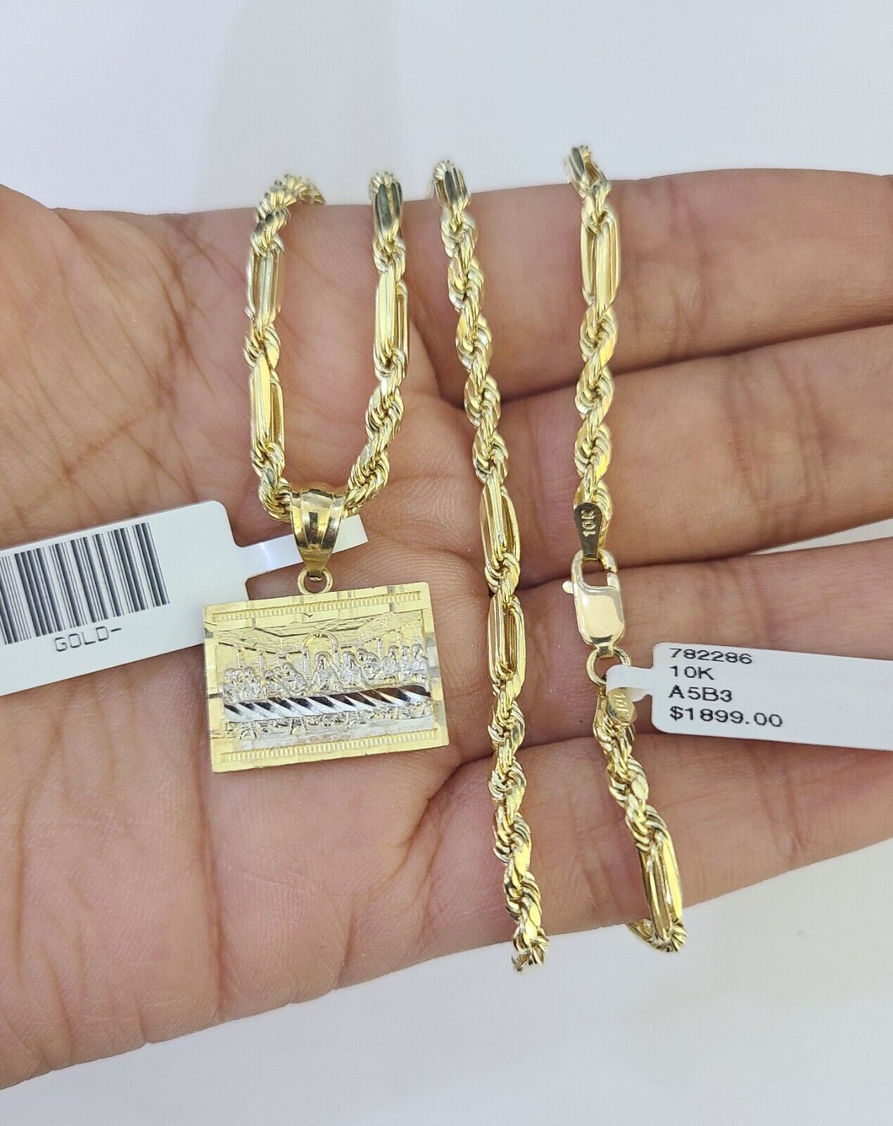 10k Milano Rope Chain Last Supper Charm Necklace SET 3mm 18" 20" 22" 24"