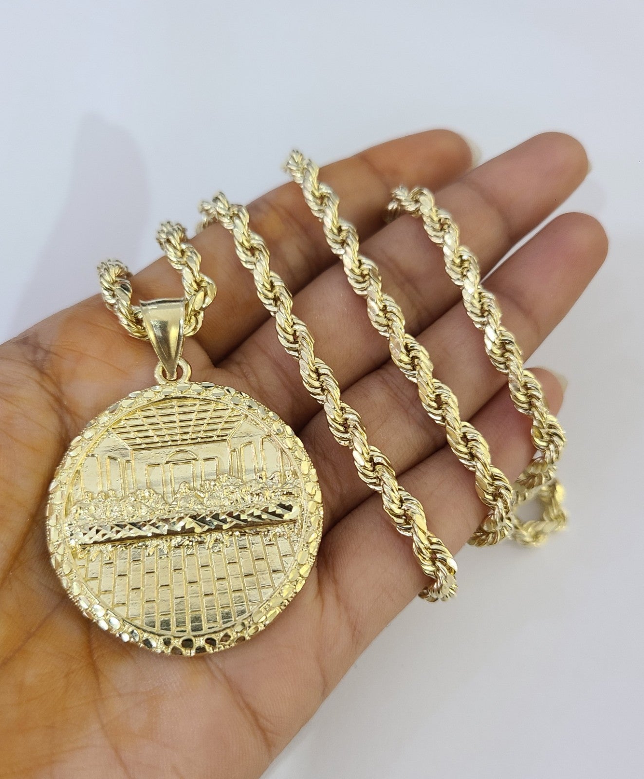 Real 10k Gold Rope Chain Last Supper Nugget Pendant Set 4mm 18"-28"