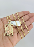 10K Solid Gold Miami Cuban Chain SET Virgin Mary Pendant Charm 18"-26" 2.5mm