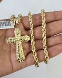 Real 10k Gold Rope Chain With Nugget Cross Set 10kt Necklace 5mm 20"-30" For Men's