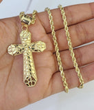 Real 10k Gold Rope Chain Jesus Cross Charm Pendant SET Necklace 3mm 20"-30" Inch