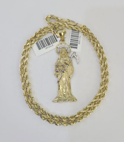 10k Solid Rope Chain Saint Reaper Charm Set 4mm 18"-30" Necklace Gold Pendant
