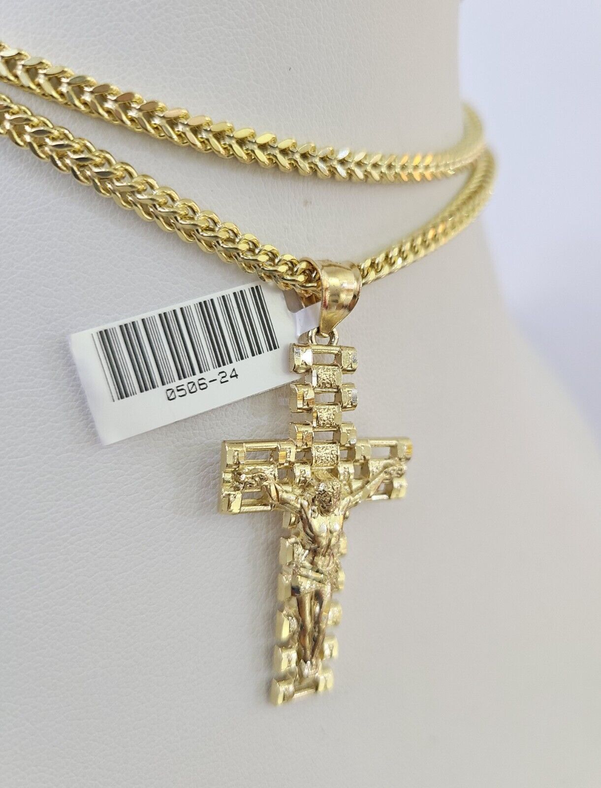 10K Franco Chain Jesus Cross Pendant Charm Necklace 20"-26" 3mm Gold Yellow SET