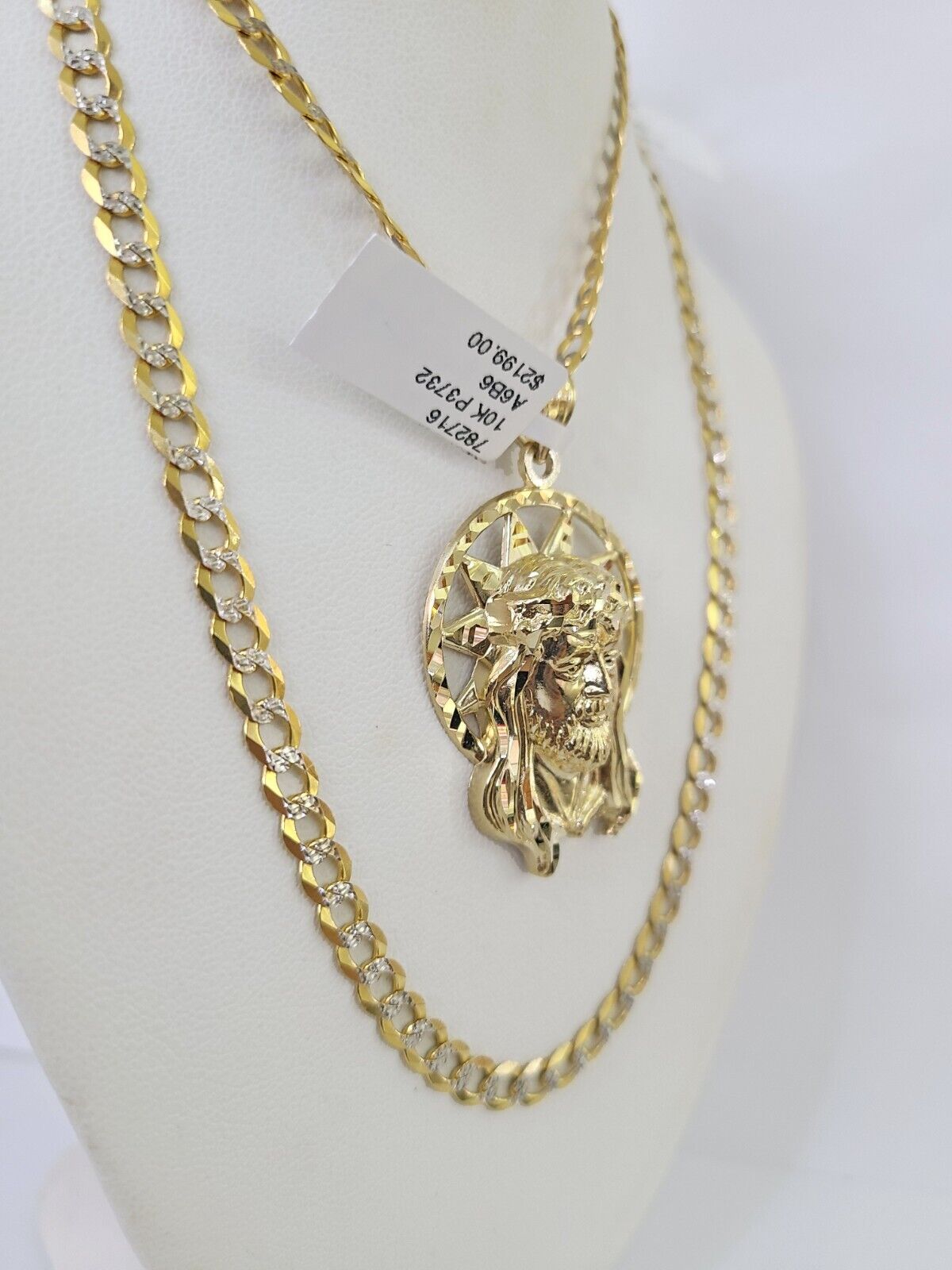 10k Gold Chain Jesus Head Charm Solid Cuban Curb Link 5mm 18"-28" Inch SET