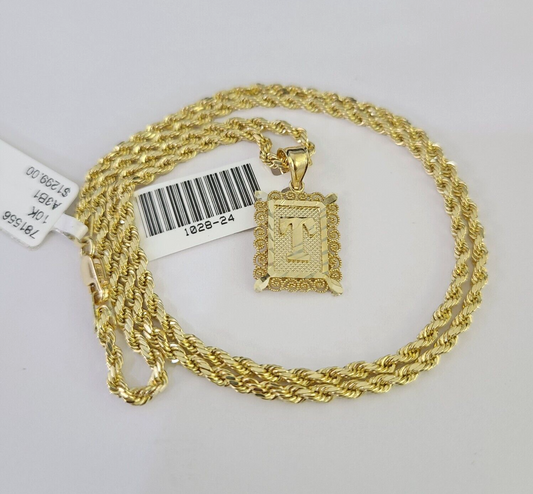 10k Gold Initial T Charm Rope Chain 16"-26" 2.5mm SET Necklace Alphabet Pendant