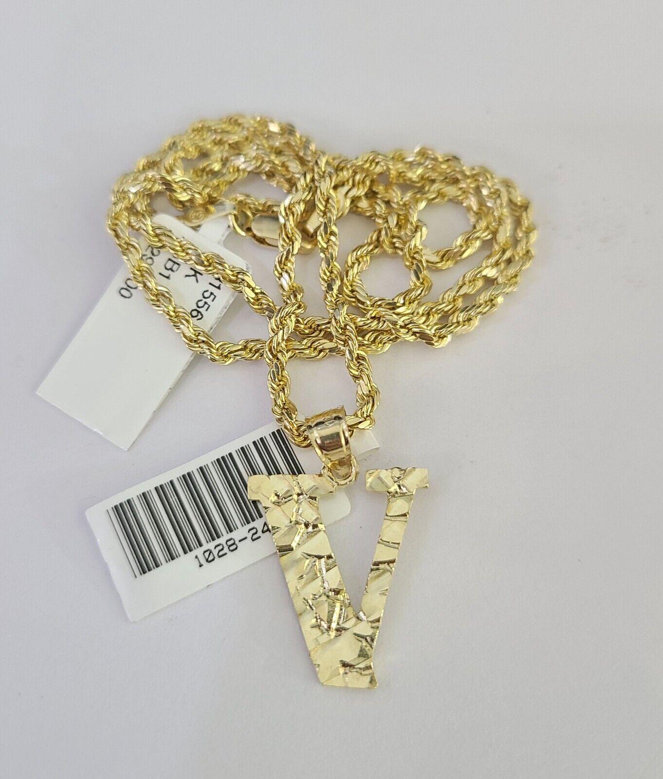 10k Gold Initial V Charm Rope Chain 16"-26" 2.5mm SET Necklace Alphabet Pendant