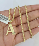 10k Gold Initial A Charm Rope Chain 16"-26" 2.5mm SET Necklace Alphabet Pendant