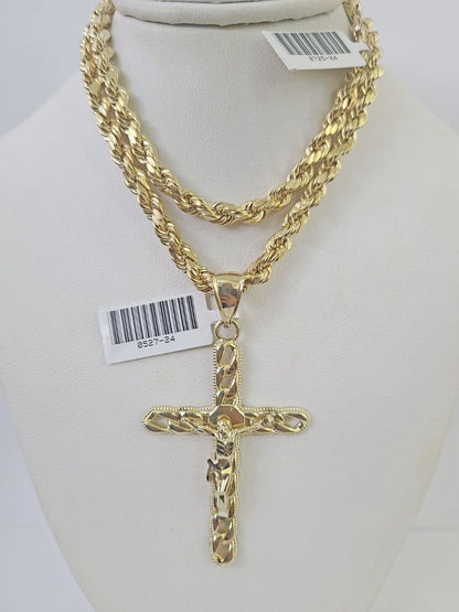 Real 10k Rope Chain Jesus Cross Charm Necklace Pendant Set 5mm 20"-30" Inch Gold