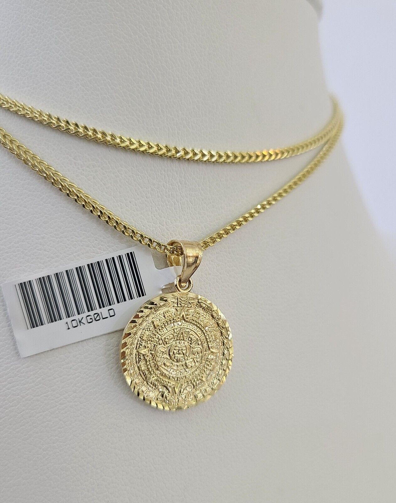 10K Franco Chain Mayan Calendar Pendant Charm Necklace 16"-24" 2mm Gold SET