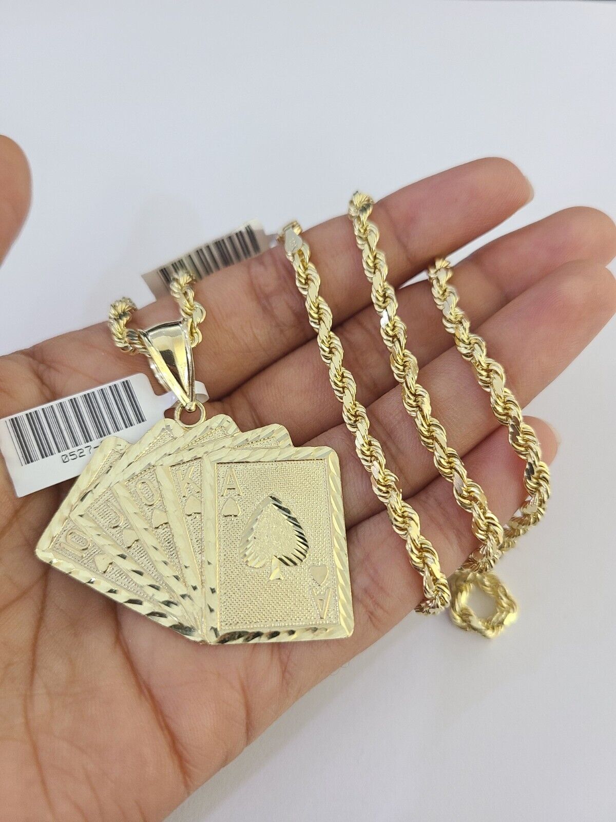 10k Solid Rope Chain Royal Flush Cards Charm Set 4mm 20"-28" Necklace Gold