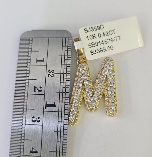 10k Miami Cuban Chain M Diamond Charm Set 4mm 18-26"Yellow Gold Necklace Pendant