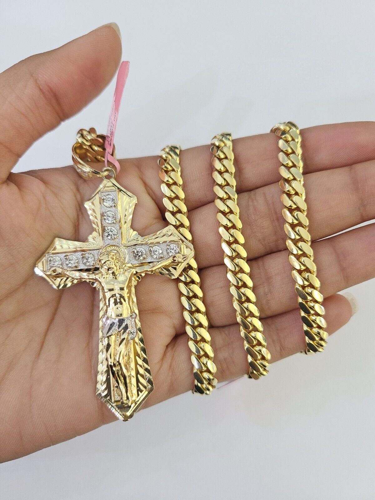 Real 14k Solid Chain Cross Charm Set Miami Cuban Link 6mm Necklace Pendant Gold