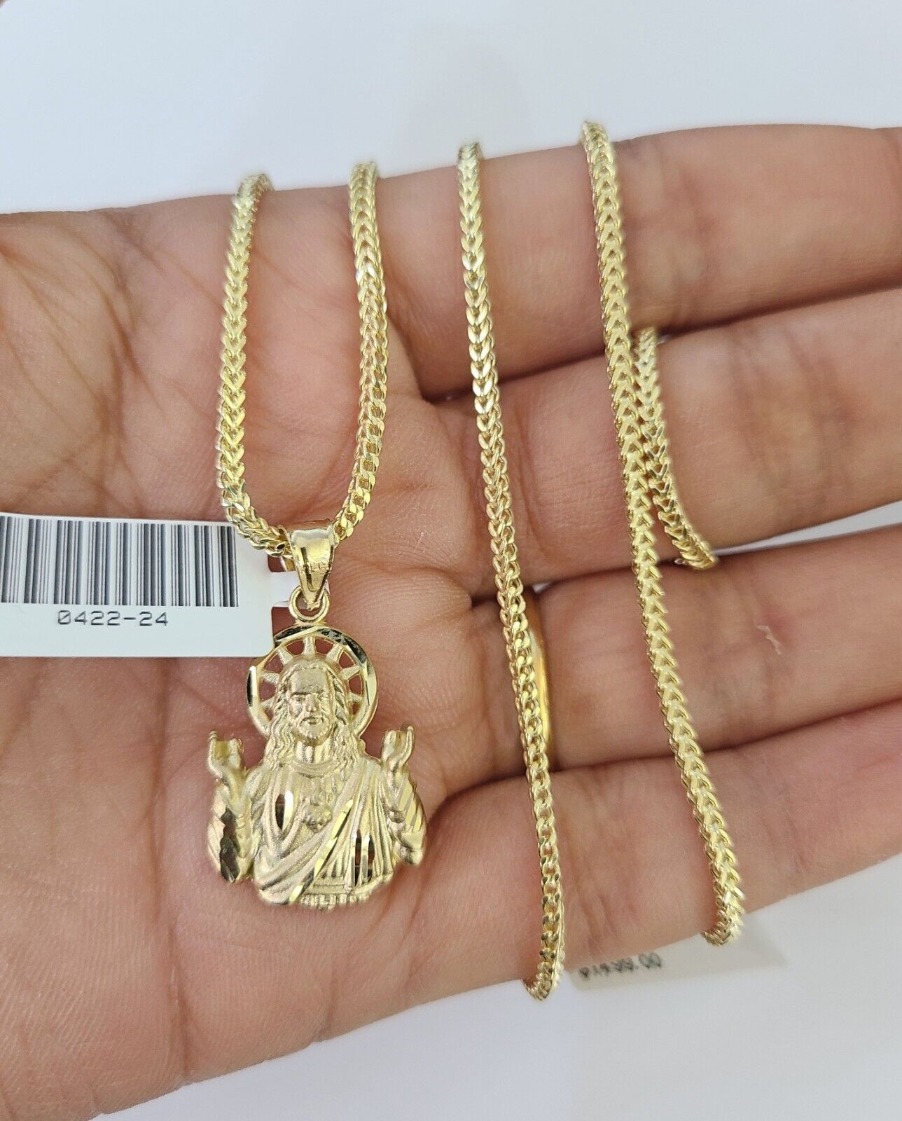 10K Franco Chain Jesus Pendant Charm Necklace 16"-24" 2mm Yellow Gold SET