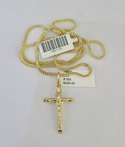 10K Franco Chain INRI Jesus Cross Pendant Charm Necklace 16"-24" 2mm Gold SET