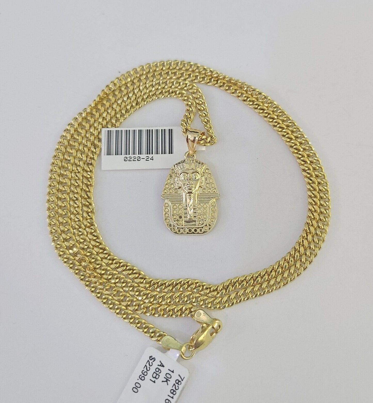 10K Gold Miami Cuban Chain Pharaoh Charm 18"-30" 3mm REAL Pendant