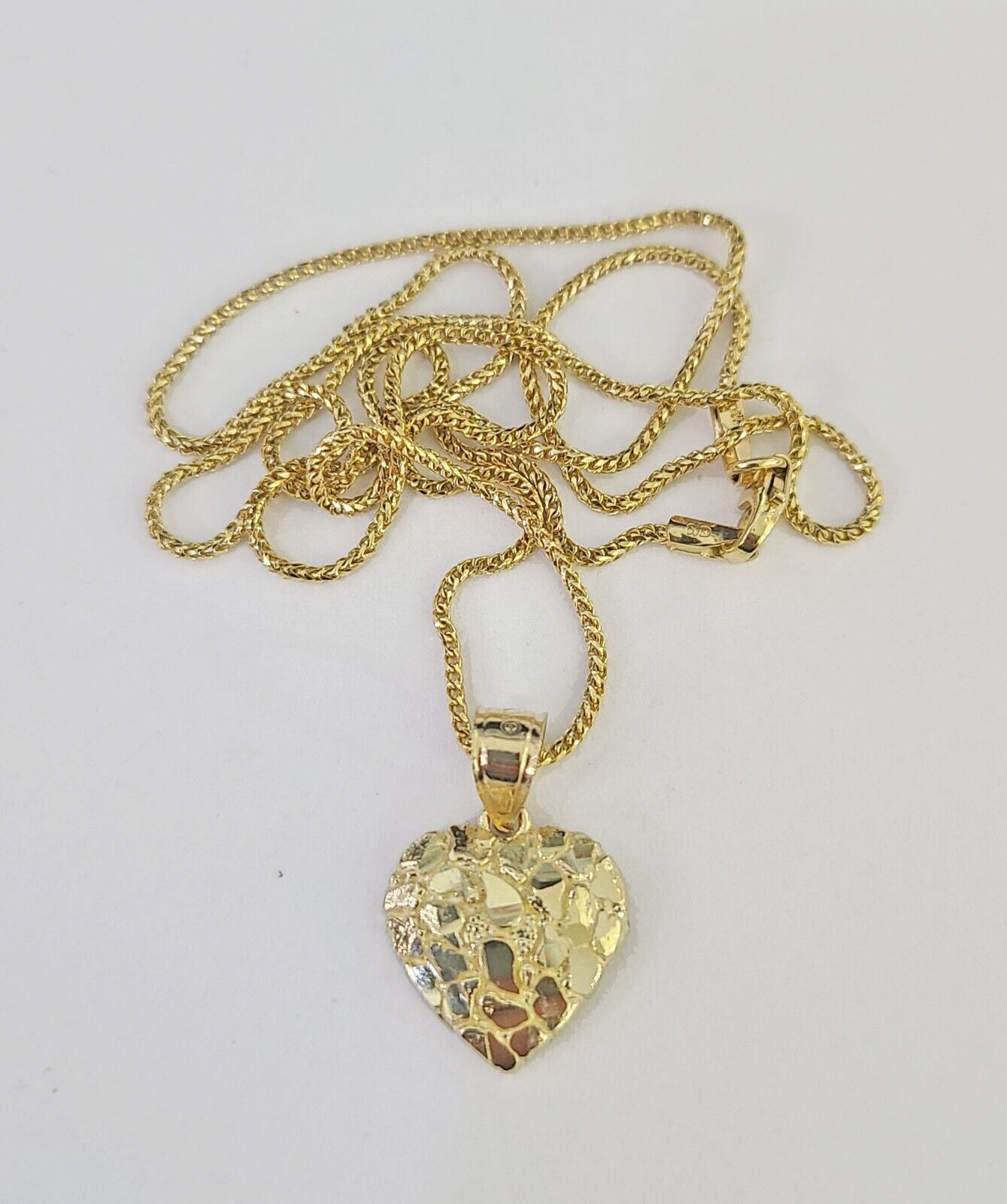 10K Solid Franco Chain Nugget Heart Pendant Charm Necklace 18"-24" 1mm Gold