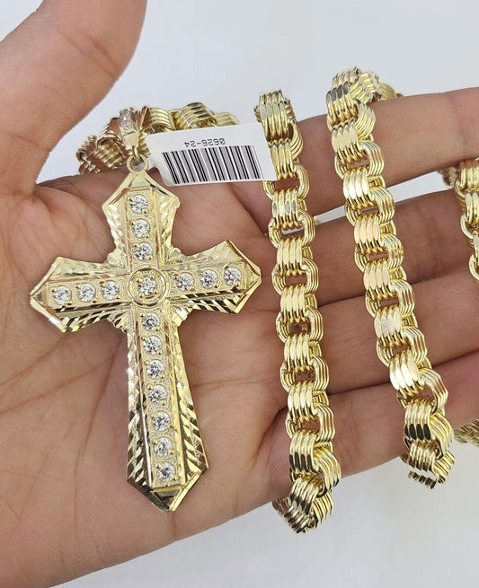 10k Gold Byzantine Necklace Jesus Cross Charm Pendant 20"-30" 8mm REAL SET Chain