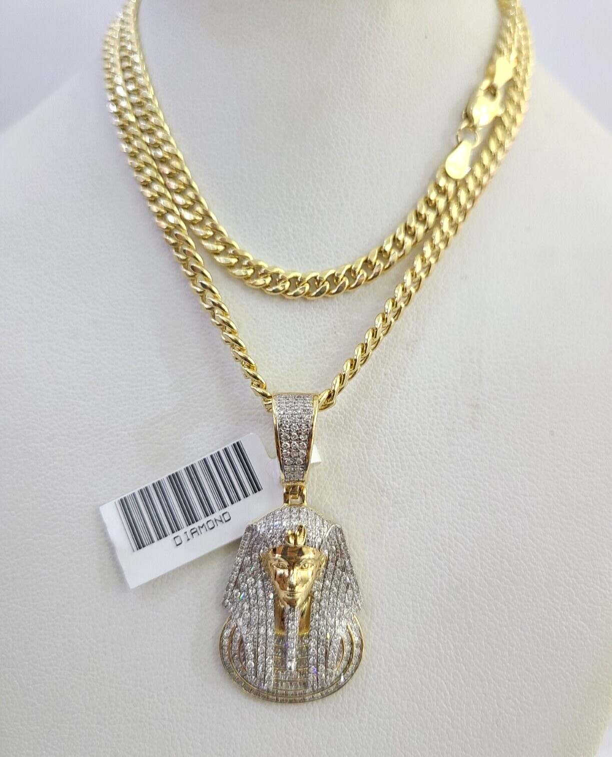 10k Miami Cuban Chain Diamond Pharaoh Charm Set 4mm 18"-28" Necklace Gold