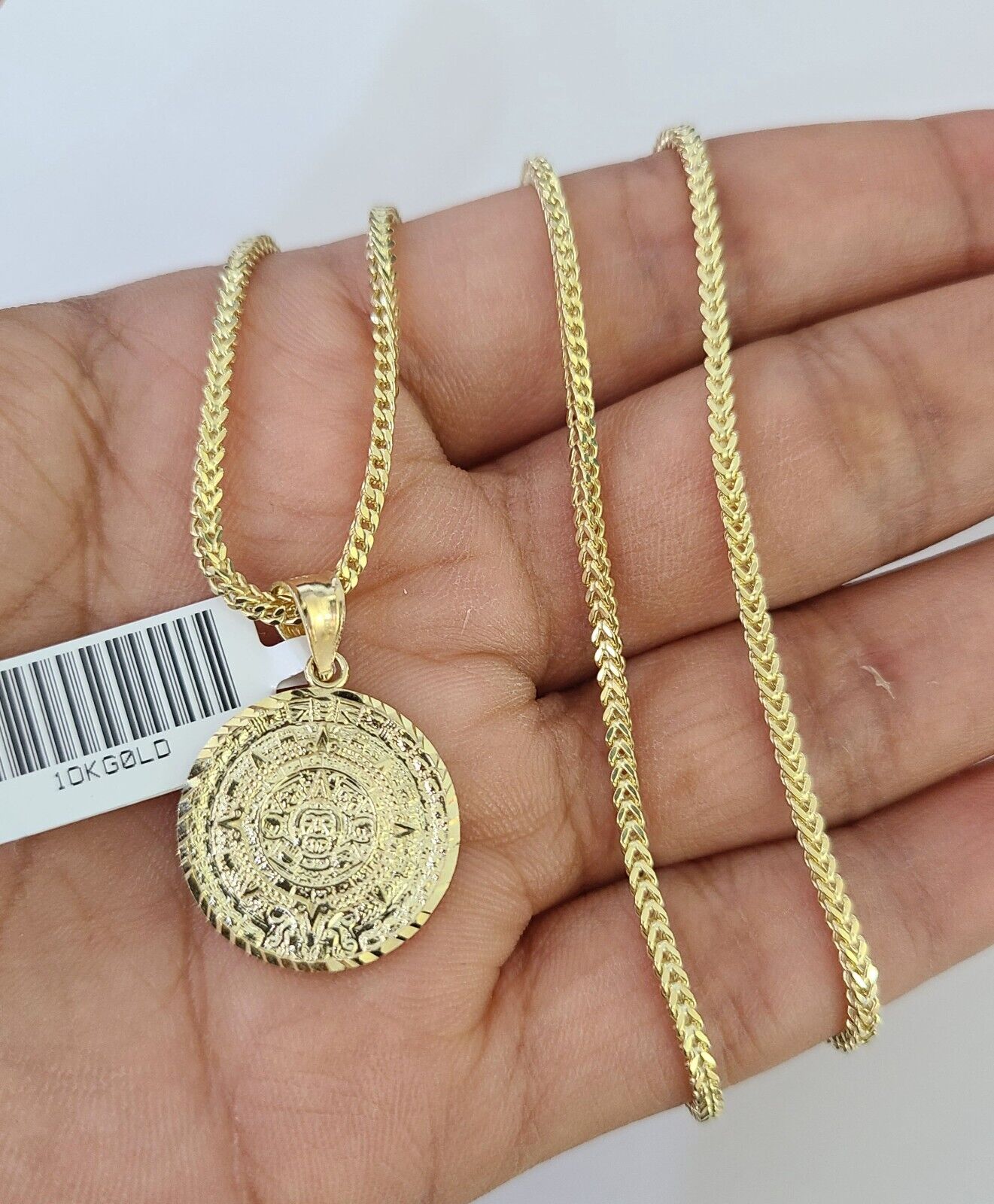 10K Franco Chain Mayan Calendar Pendant Charm Necklace 16"-24" 2mm Gold SET