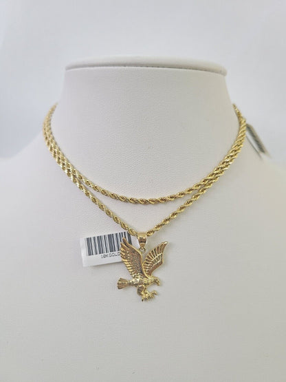 10k 2.5mm Rope Chain Eagle Pendant 18"-30" Yellow Gold Set Charm Necklace