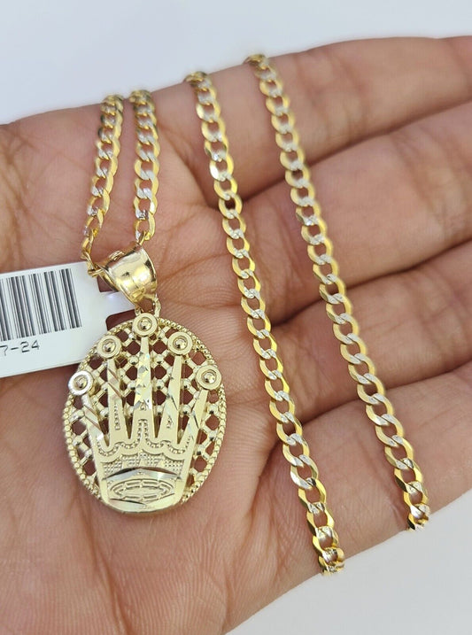 10k Solid Gold Cuban Curb Chain Crown Pendant 2.5mm 18"-26" SET Necklace