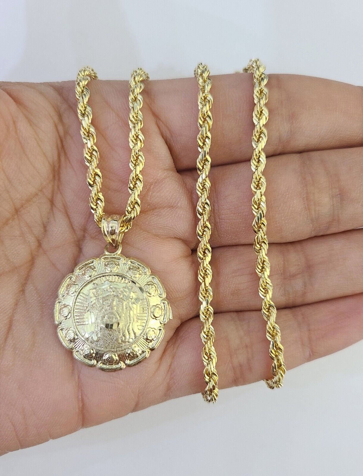 10k 3mm Rope Chain Jesus Guadalupe Pendant 18"-30 Yellow Gold Set Charm Necklace