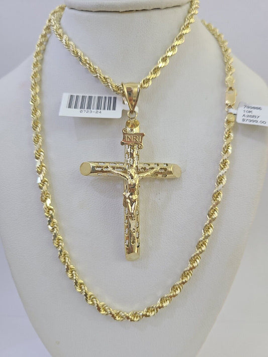 10k Solid Rope Chain INRI Jesus Cross Charm Set 4mm 20"-28" Necklace Gold Yellow