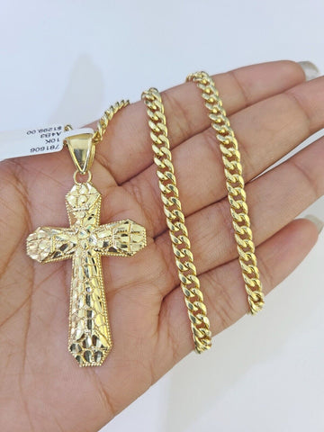 10K Gold Miami Cuban Chain Jesus Cross Charm Length 18"-26" 4mm REAL Yellow
