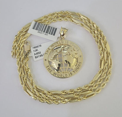 10k Milano Rope Chain World is Yours Charm Necklace SET 3mm 18" 20" 22" 24"