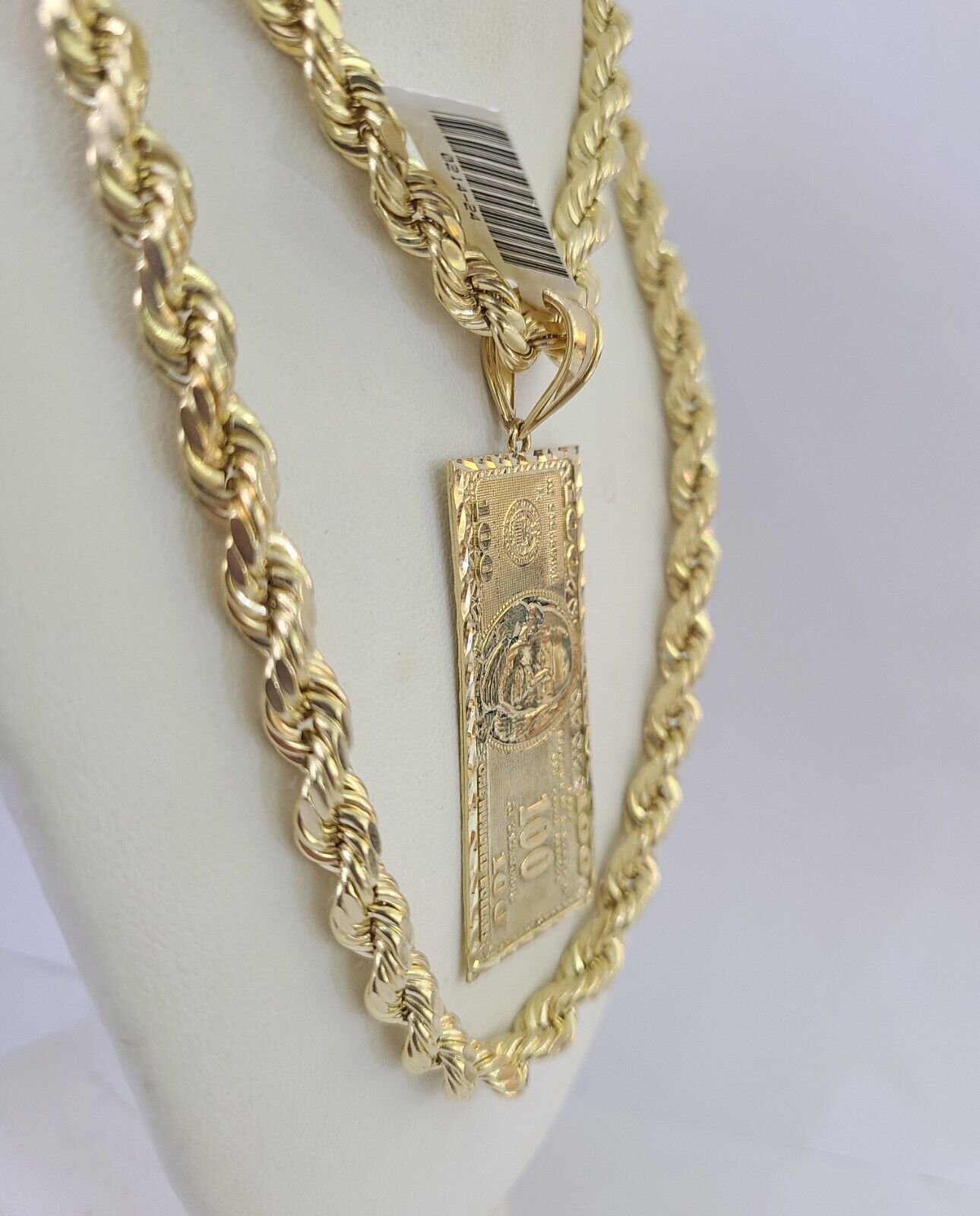 Real 10k Rope Chain 100$ Bill Money Charm Set 7mm 20"-28" Inch Necklace Gold