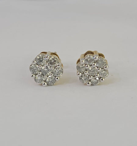 10k Diamond Flower Earrings Yellow gold Real Screw-Back Women Men studs